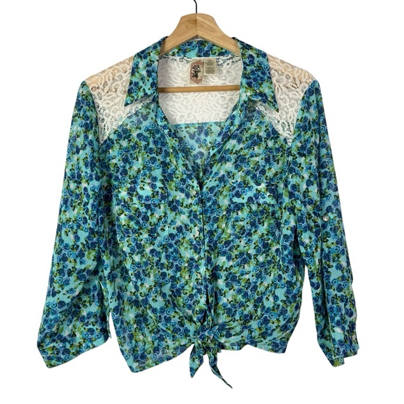 L8ter Blue Floral & Lace Tie Front Long Sleeve Button Down L - Picture 1 of 4